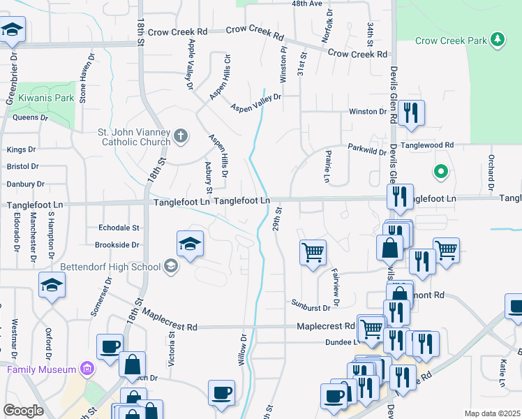map of restaurants, bars, coffee shops, grocery stores, and more near 2883 Tanglefoot Lane in Bettendorf