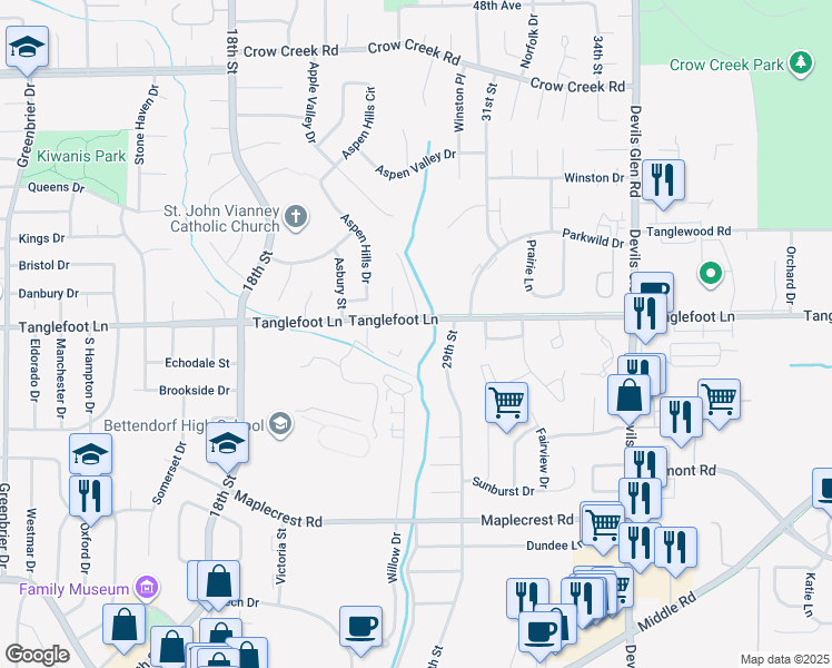 map of restaurants, bars, coffee shops, grocery stores, and more near 2883 Tanglefoot Lane in Bettendorf