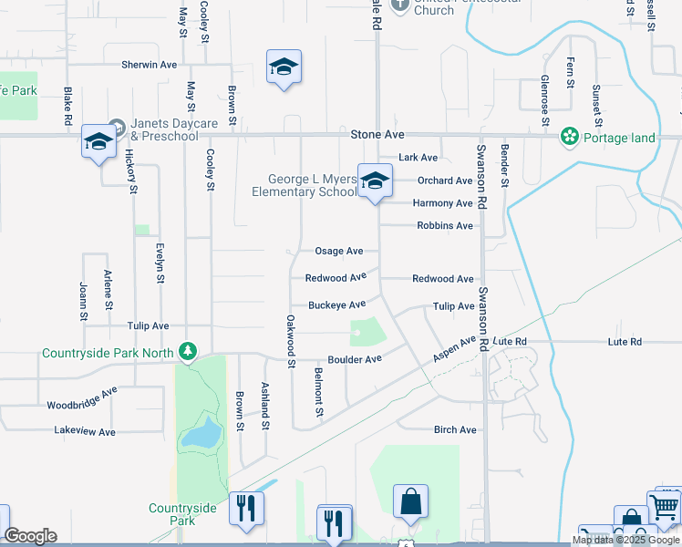 map of restaurants, bars, coffee shops, grocery stores, and more near 5452 Redwood Avenue in Portage