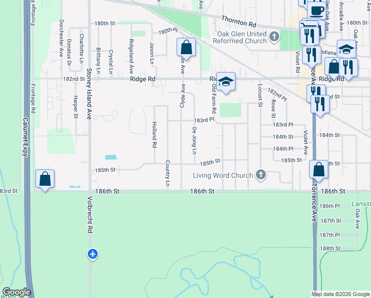 map of restaurants, bars, coffee shops, grocery stores, and more near 18419 Clyde Avenue in Lansing