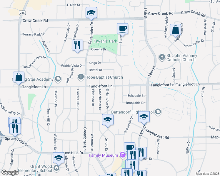 map of restaurants, bars, coffee shops, grocery stores, and more near 1968-1998 Tanglefoot Ln in Bettendorf