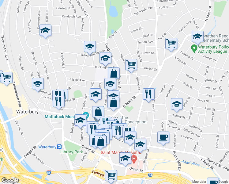 map of restaurants, bars, coffee shops, grocery stores, and more near 96 Grove Street in Waterbury
