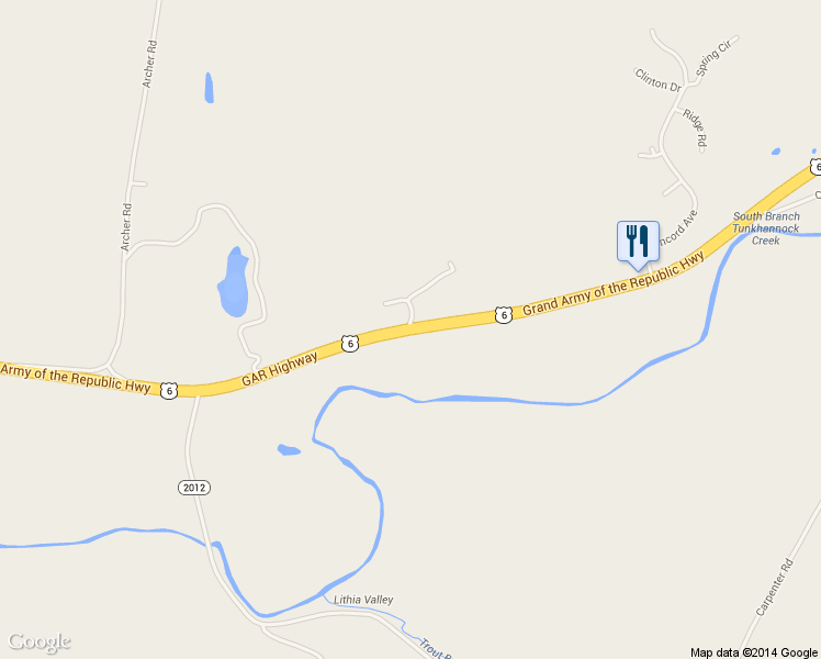 map of restaurants, bars, coffee shops, grocery stores, and more near U.S. 6 in Factoryville