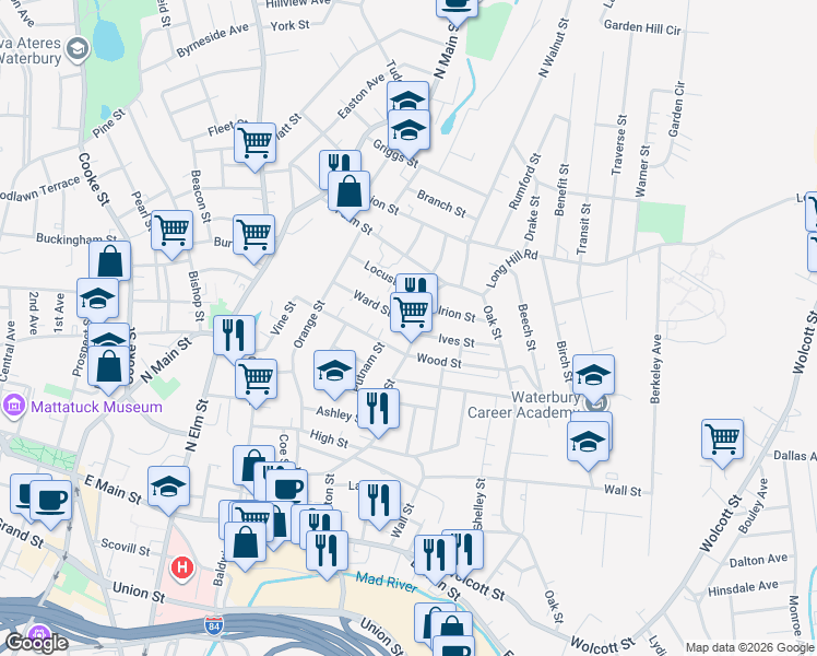 map of restaurants, bars, coffee shops, grocery stores, and more near 90 Ward Street in Waterbury