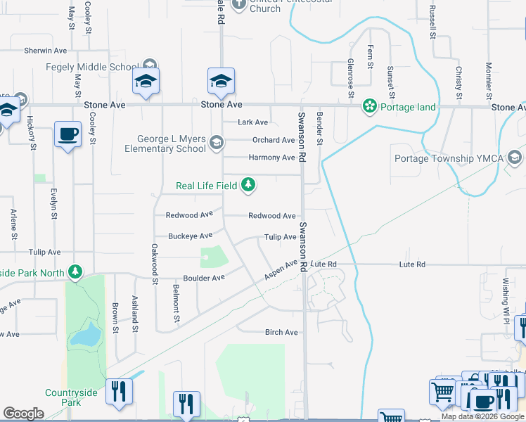 map of restaurants, bars, coffee shops, grocery stores, and more near 5564 Redwood Avenue in Portage