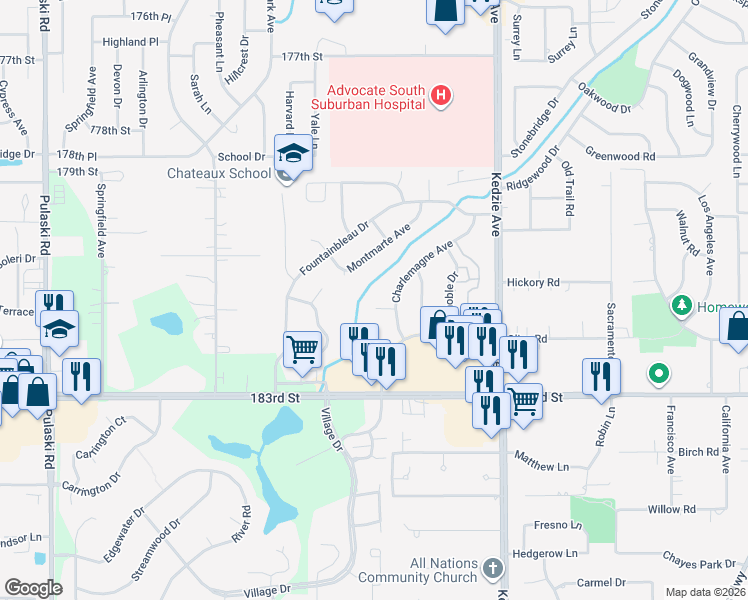map of restaurants, bars, coffee shops, grocery stores, and more near 18108 Charlemagne Avenue in Hazel Crest