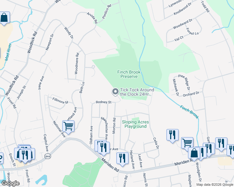 map of restaurants, bars, coffee shops, grocery stores, and more near 32 Crosswinds Lane in Waterbury