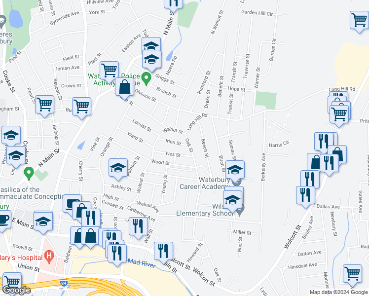 map of restaurants, bars, coffee shops, grocery stores, and more near 66 Irion Street in Waterbury