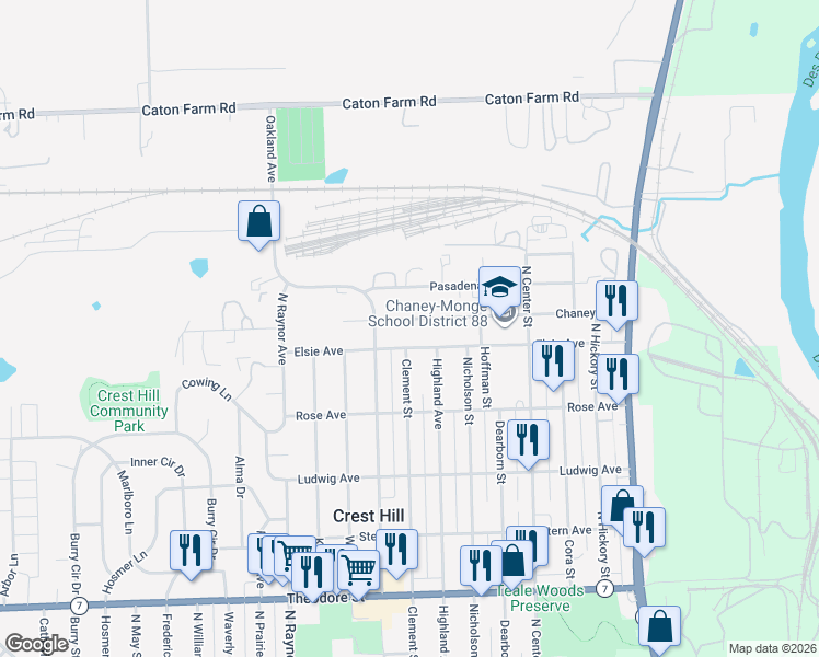 map of restaurants, bars, coffee shops, grocery stores, and more near 526 Chaney Avenue in Crest Hill