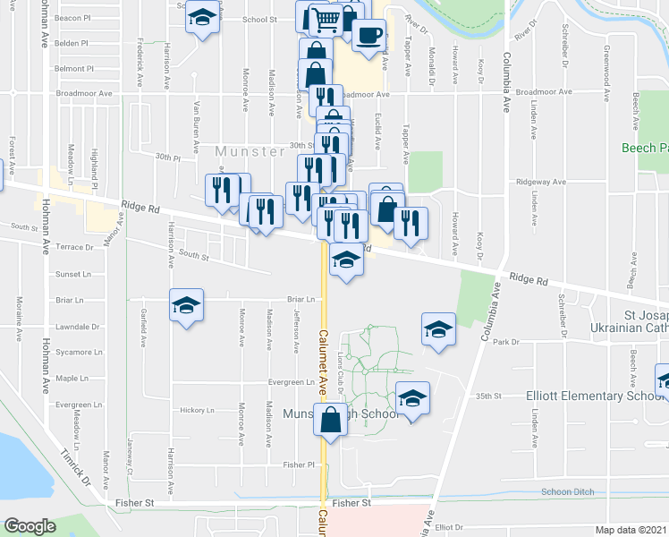 map of restaurants, bars, coffee shops, grocery stores, and more near 8415 Calumet Avenue in Munster