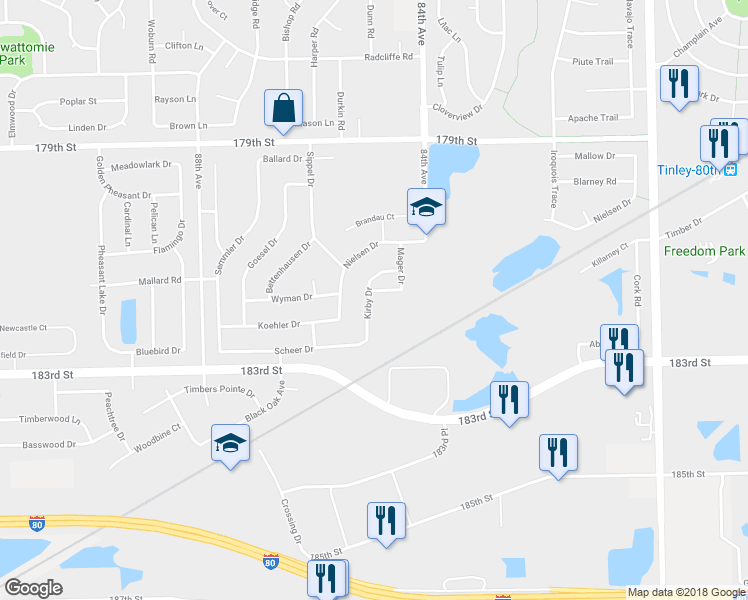 map of restaurants, bars, coffee shops, grocery stores, and more near 18133 Kirby Drive in Tinley Park