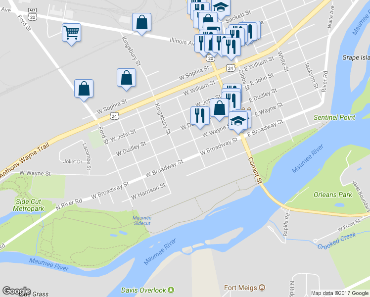 map of restaurants, bars, coffee shops, grocery stores, and more near 322 W Wayne St in Maumee