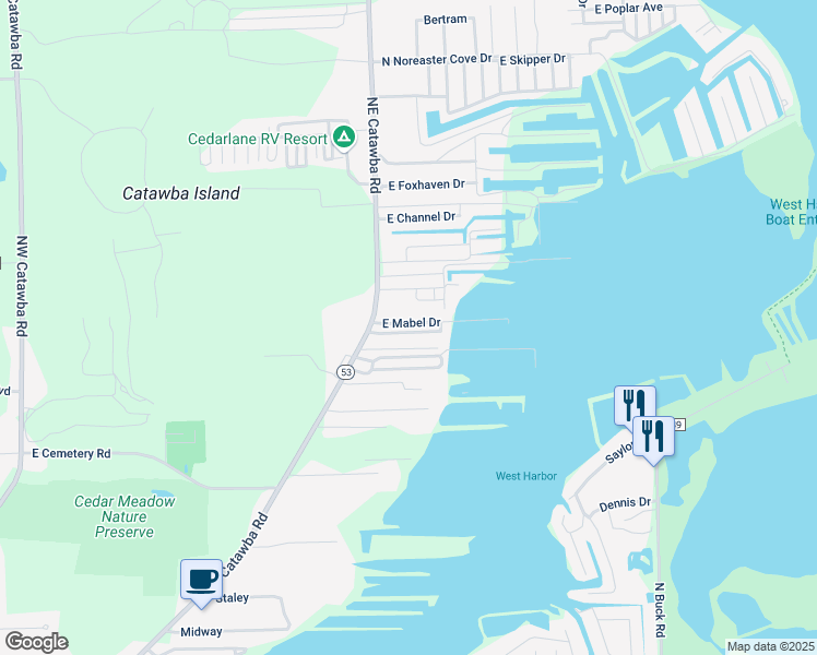 map of restaurants, bars, coffee shops, grocery stores, and more near 5535 East Mabel Drive in Port Clinton