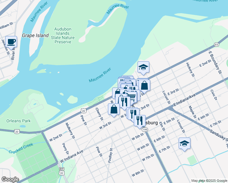 map of restaurants, bars, coffee shops, grocery stores, and more near 115 West Front Street in Perrysburg