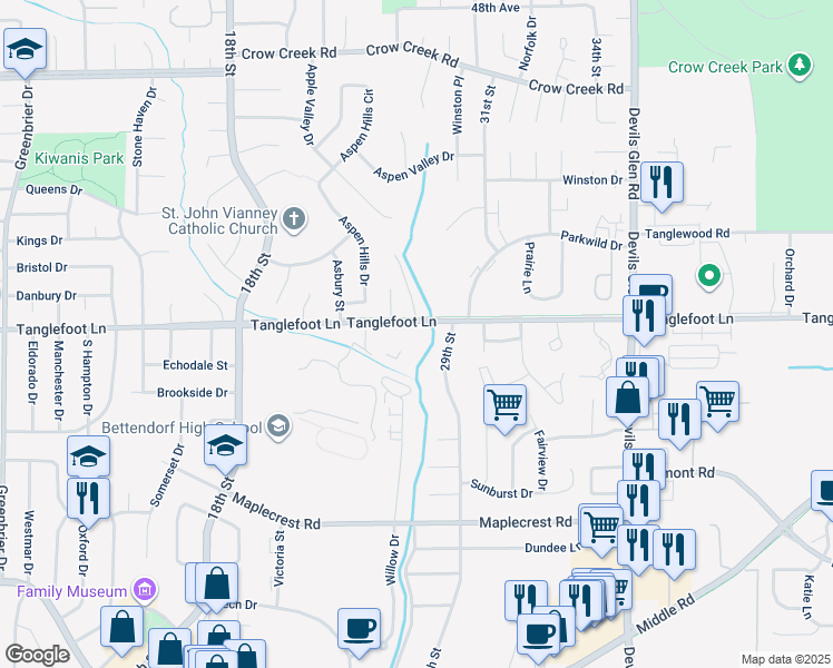 map of restaurants, bars, coffee shops, grocery stores, and more near 2883 Tanglefoot Lane in Bettendorf