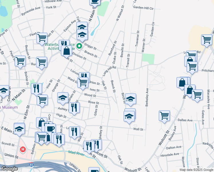 map of restaurants, bars, coffee shops, grocery stores, and more near 26 Oak Hill Avenue in Waterbury