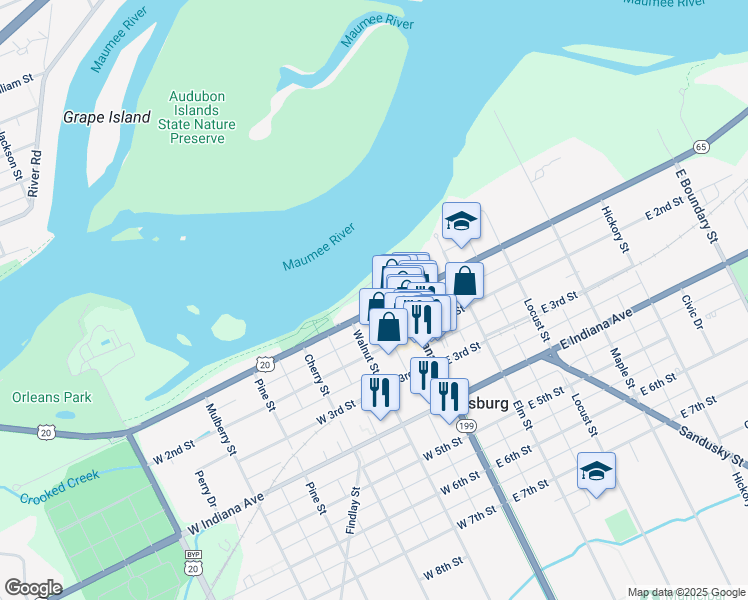 map of restaurants, bars, coffee shops, grocery stores, and more near 115 West Front Street in Perrysburg