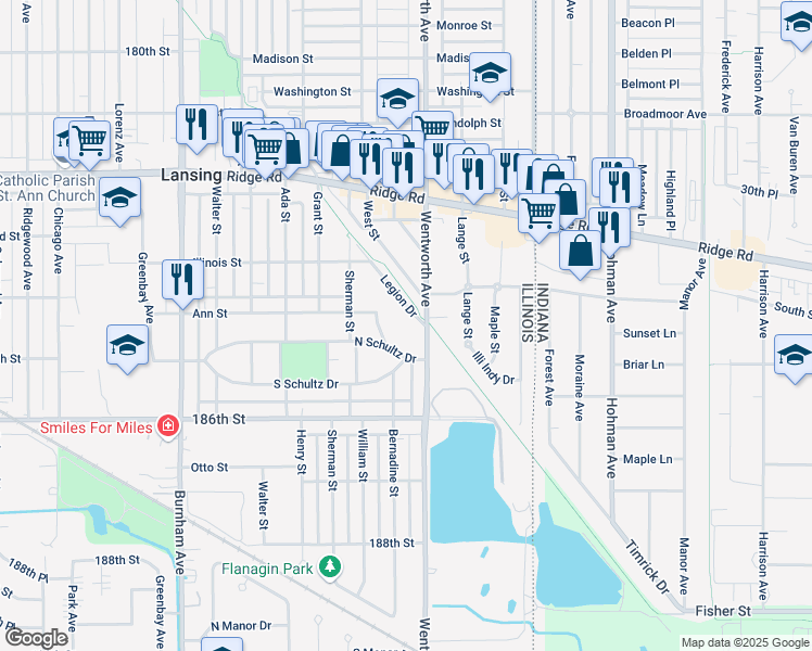 map of restaurants, bars, coffee shops, grocery stores, and more near 18411 Miller Drive in Lansing