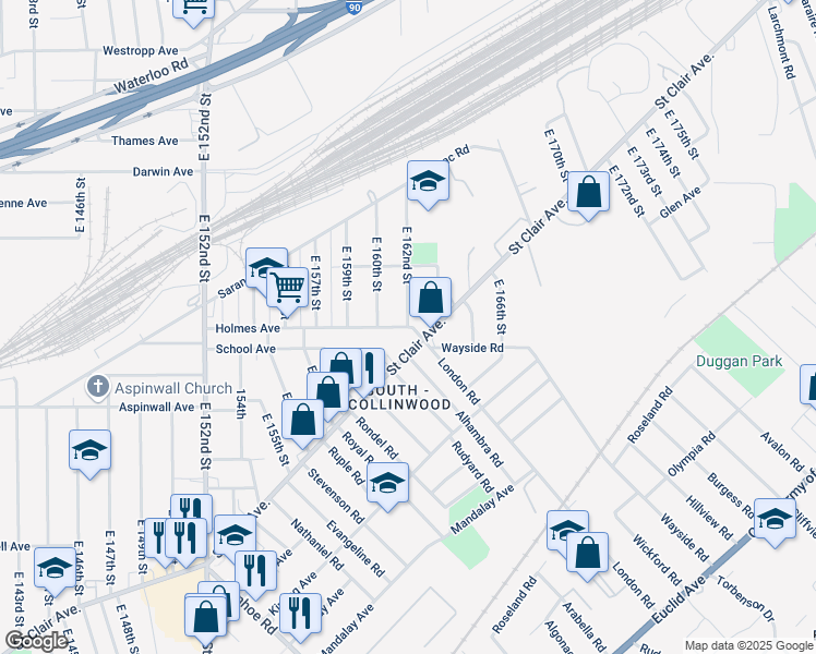 map of restaurants, bars, coffee shops, grocery stores, and more near 1447 E 162nd St in Cleveland