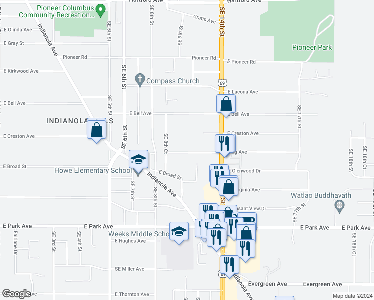 map of restaurants, bars, coffee shops, grocery stores, and more near 912 King Avenue in Des Moines