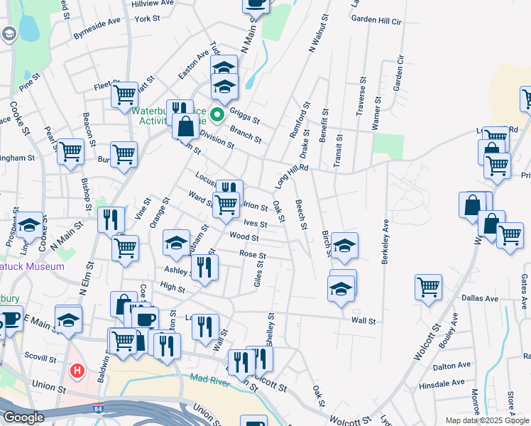 map of restaurants, bars, coffee shops, grocery stores, and more near 26 Oak Hill Avenue in Waterbury