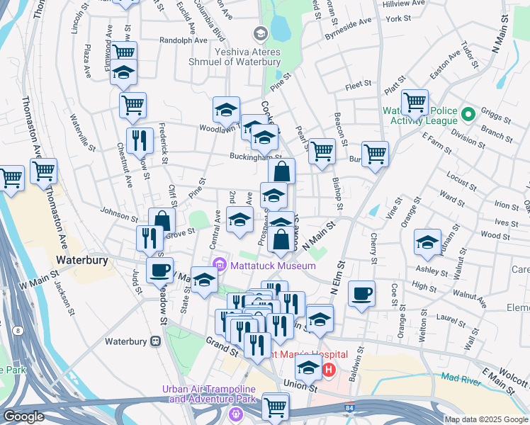map of restaurants, bars, coffee shops, grocery stores, and more near 12 1st Avenue in Waterbury