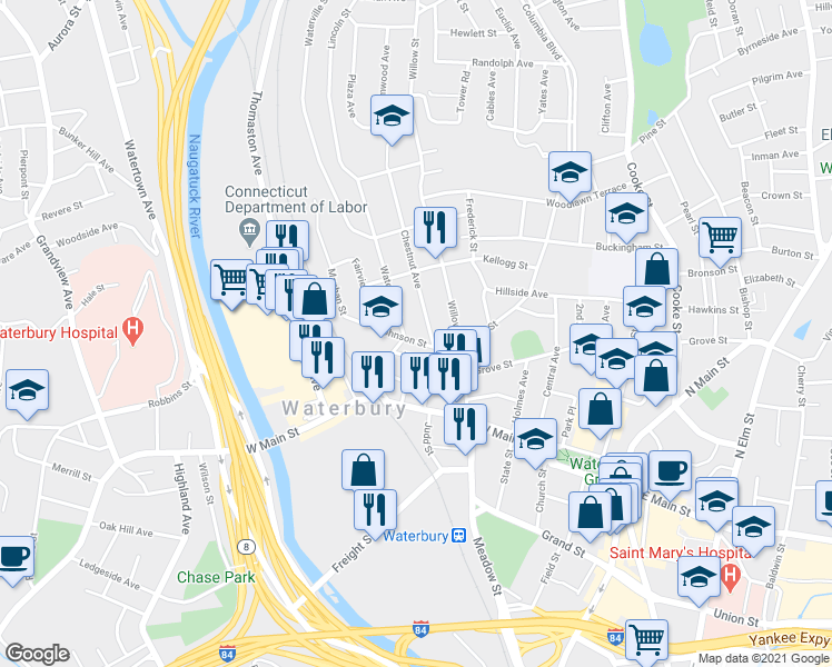 map of restaurants, bars, coffee shops, grocery stores, and more near 23 Chestnut Avenue in Waterbury