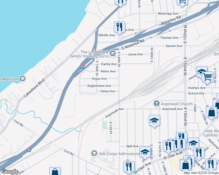 map of restaurants, bars, coffee shops, grocery stores, and more near 13804 Eaglesmere Avenue in Cleveland
