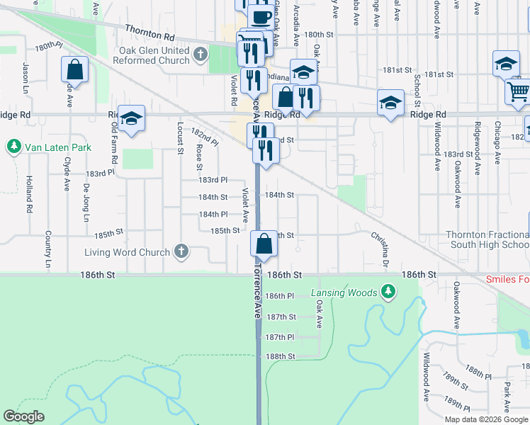 map of restaurants, bars, coffee shops, grocery stores, and more near 18418 Glen Oak Avenue in Lansing