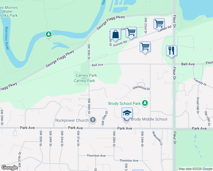 map of restaurants, bars, coffee shops, grocery stores, and more near 2829 Finches Lane in Des Moines