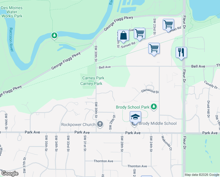 map of restaurants, bars, coffee shops, grocery stores, and more near 2829 Finches Lane in Des Moines