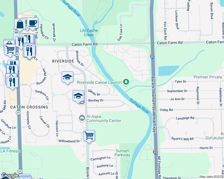 map of restaurants, bars, coffee shops, grocery stores, and more near 2064 Riverside Drive in Plainfield
