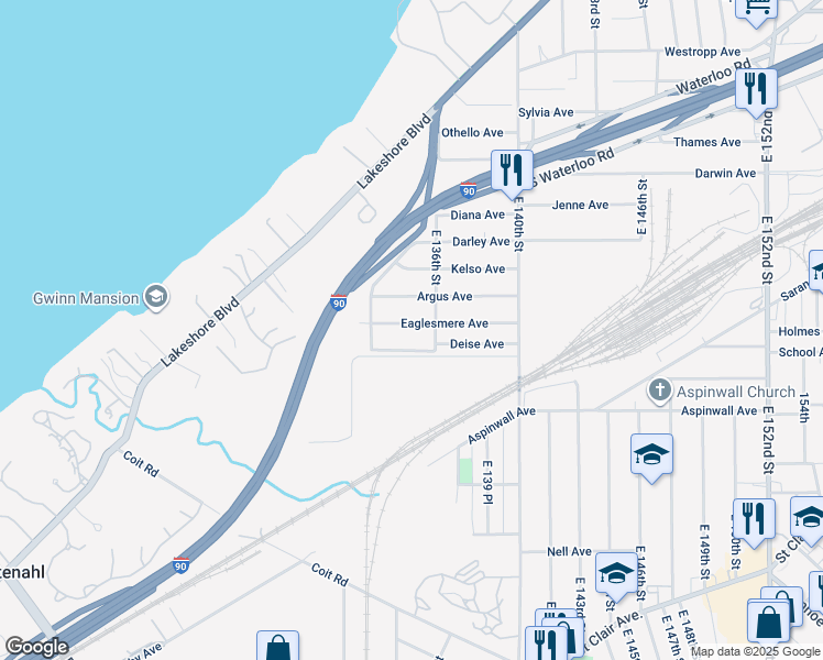 map of restaurants, bars, coffee shops, grocery stores, and more near 13420 Eaglesmere Avenue in Cleveland