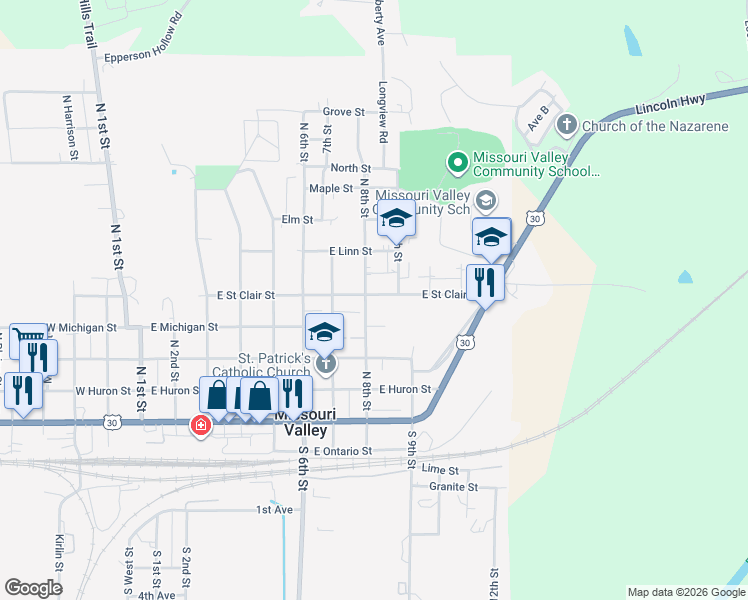 map of restaurants, bars, coffee shops, grocery stores, and more near 811 East Saint Clair Street in Missouri Valley