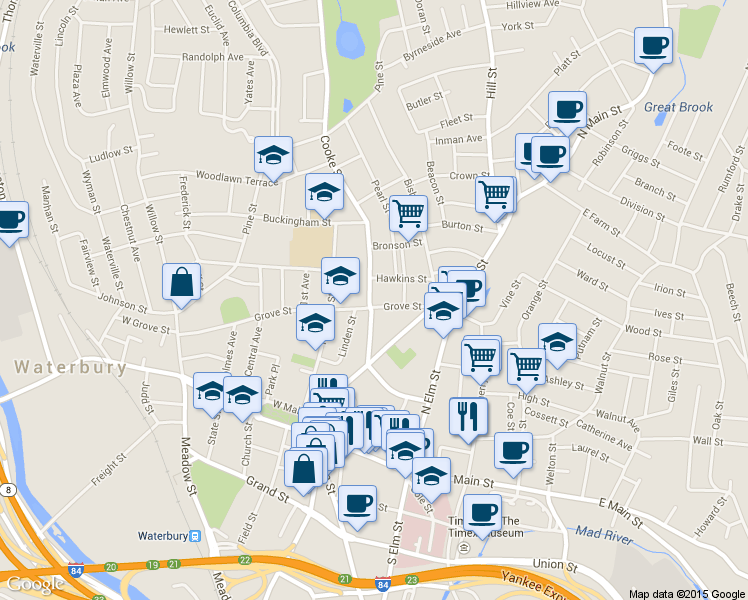 map of restaurants, bars, coffee shops, grocery stores, and more near 88 Cooke Street in Waterbury