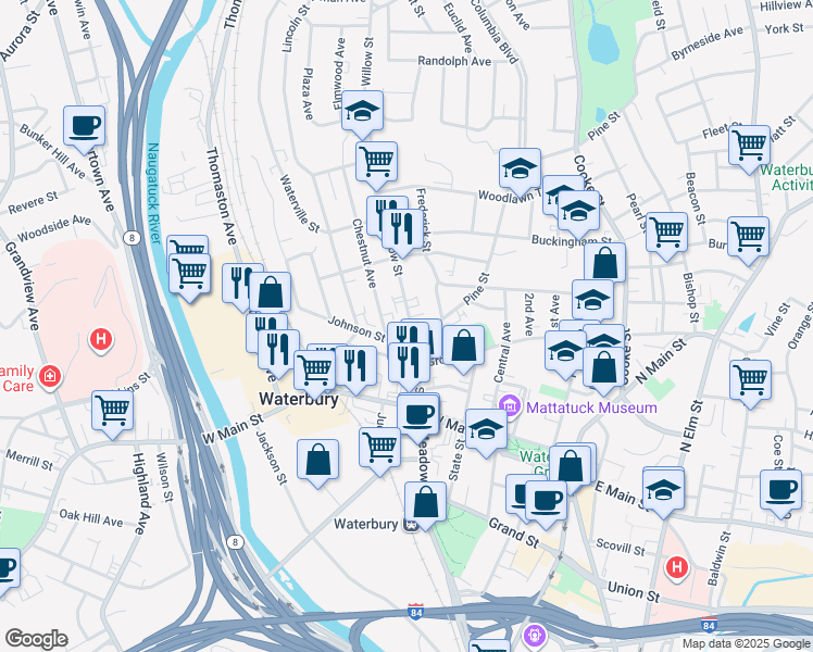 map of restaurants, bars, coffee shops, grocery stores, and more near 100 Willow Street in Waterbury
