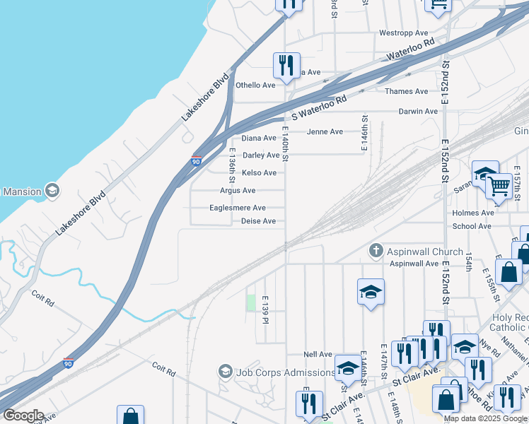 map of restaurants, bars, coffee shops, grocery stores, and more near 13804 Eaglesmere Avenue in Cleveland