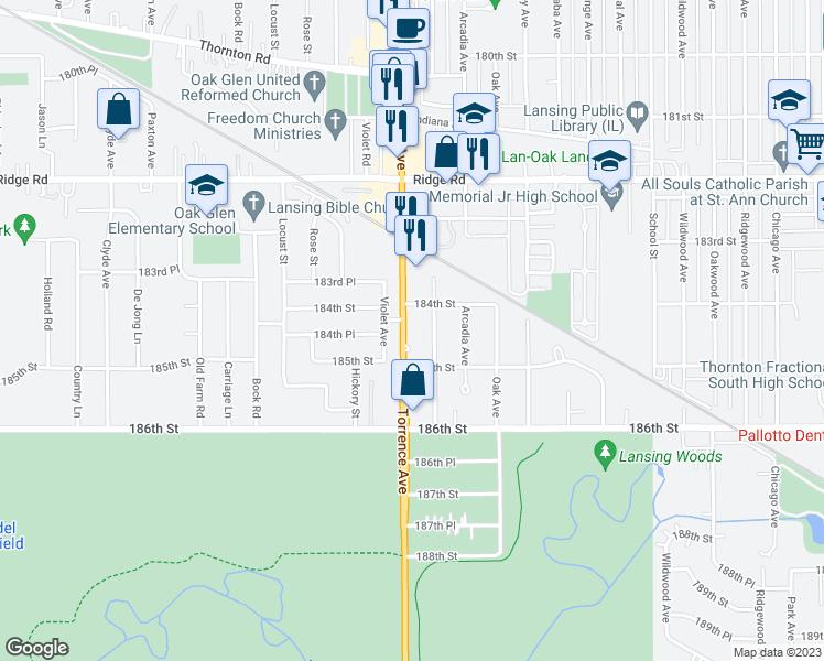 map of restaurants, bars, coffee shops, grocery stores, and more near 18423 Torrence Avenue in Lansing