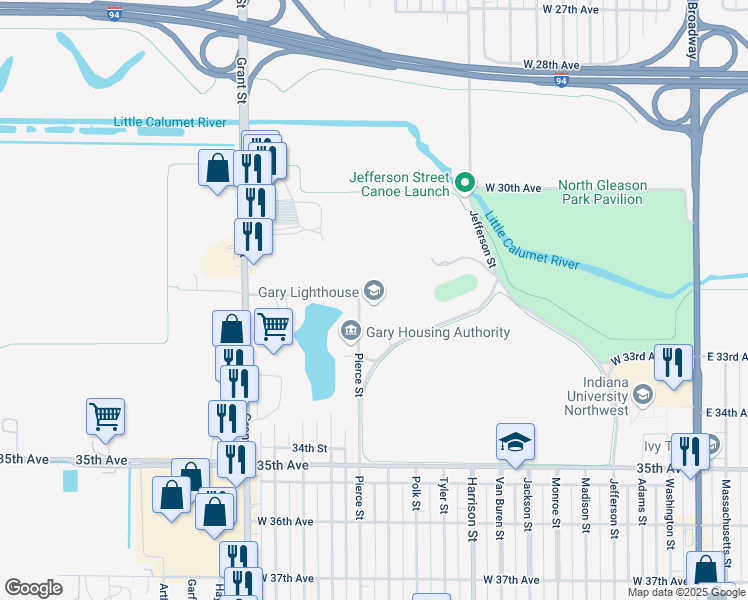 map of restaurants, bars, coffee shops, grocery stores, and more near 3201 Pierce Street in Gary