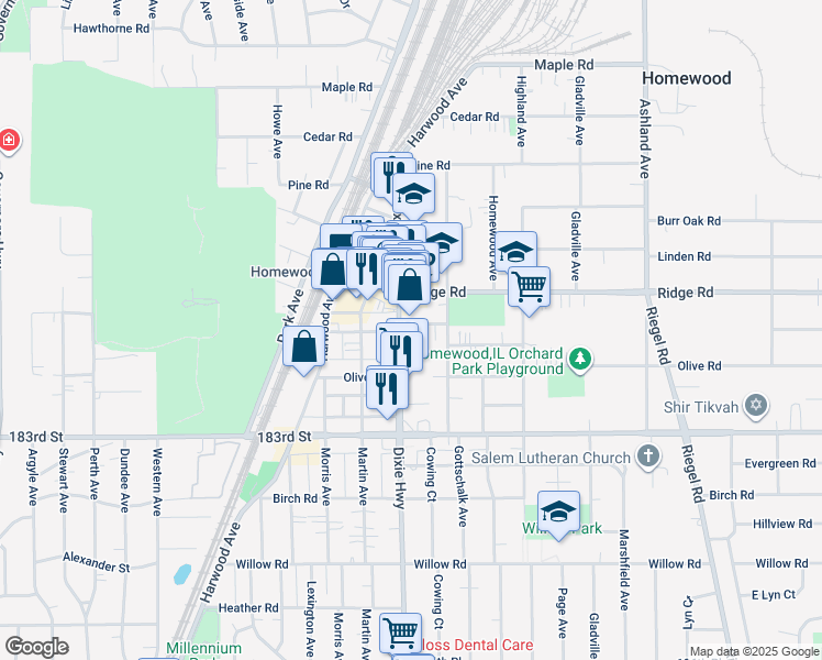map of restaurants, bars, coffee shops, grocery stores, and more near 1945 Hickory Road in Homewood