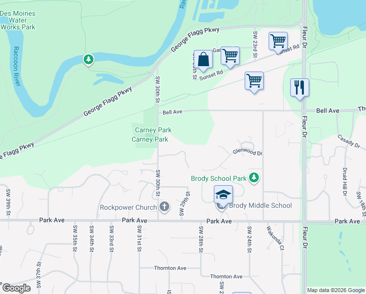 map of restaurants, bars, coffee shops, grocery stores, and more near 2829 Finches Lane in Des Moines