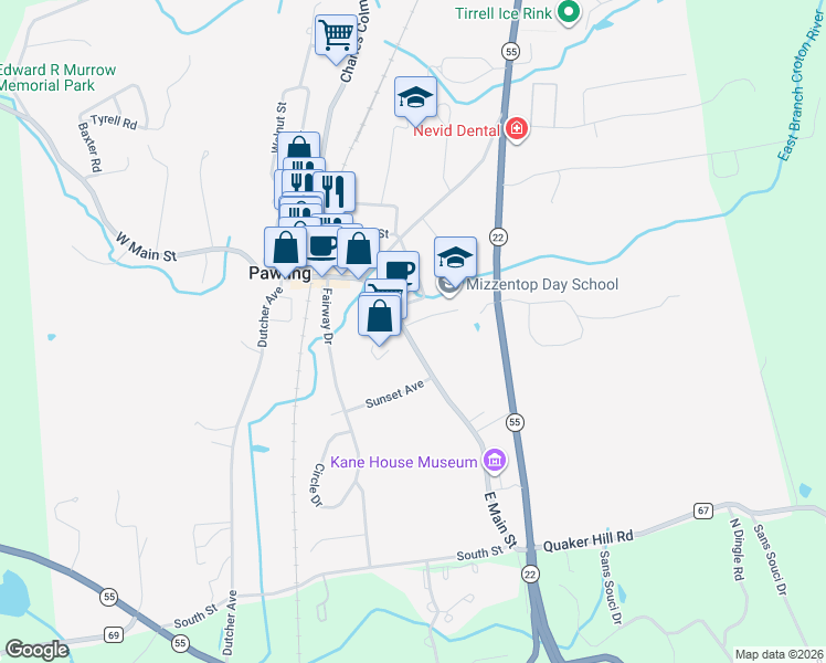 map of restaurants, bars, coffee shops, grocery stores, and more near 68 East Main Street in Pawling