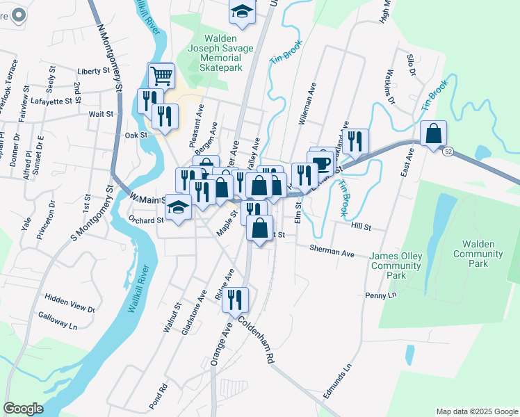 map of restaurants, bars, coffee shops, grocery stores, and more near 35 East Main Street in Walden