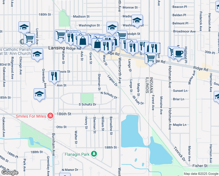 map of restaurants, bars, coffee shops, grocery stores, and more near 18411 Miller Drive in Lansing