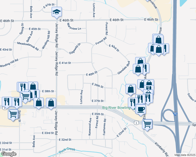 map of restaurants, bars, coffee shops, grocery stores, and more near 3922 Forest Road in Davenport