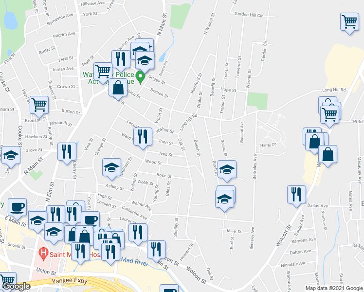 map of restaurants, bars, coffee shops, grocery stores, and more near Oak Street & Irion Street in Waterbury