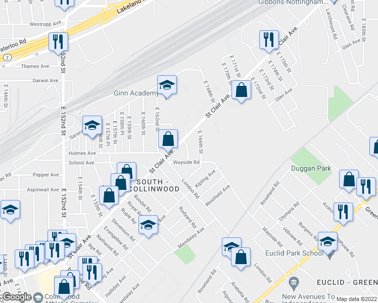 map of restaurants, bars, coffee shops, grocery stores, and more near 737 East 165th Street in Cleveland