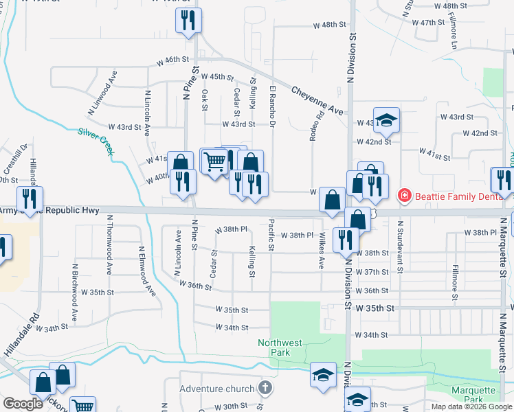 map of restaurants, bars, coffee shops, grocery stores, and more near 2100 W Kimberly Rd in Davenport