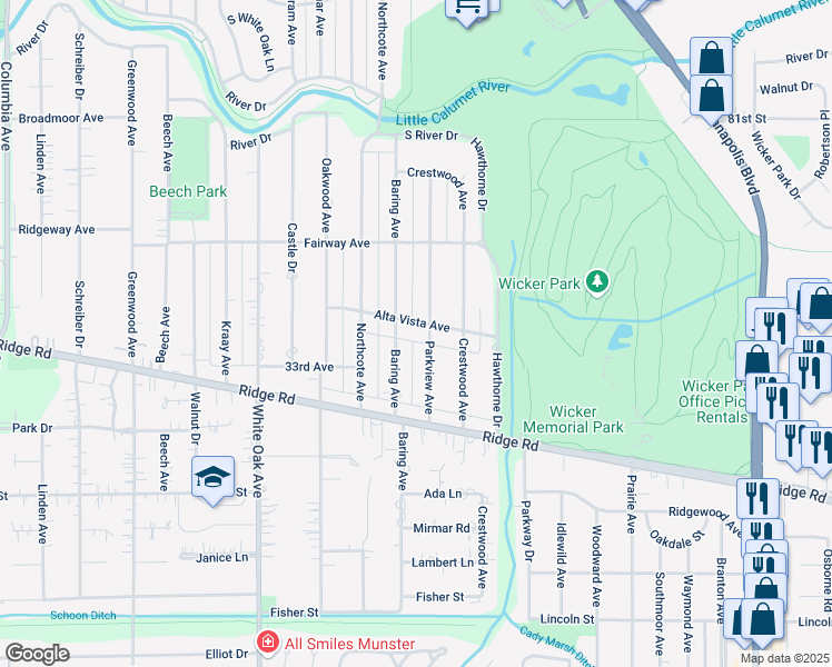 map of restaurants, bars, coffee shops, grocery stores, and more near 1820 Alta Vista Avenue in Munster