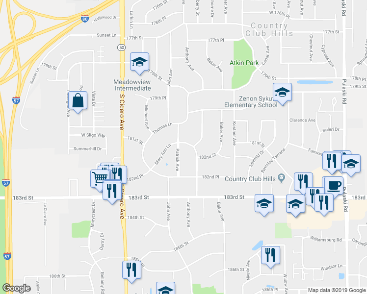 map of restaurants, bars, coffee shops, grocery stores, and more near 4551 181st Place in Country Club Hills